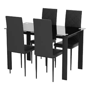 5-Piece Kitchen Room Diamond Shaped Dining Table Glass Top Black and 4-Black PU Chairs Set