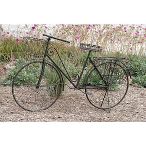 31 in. Brown Metal Bike Indoor Outdoor Scrollwork And Wire Design Plantstand with Basket and Saddle Bag Planters