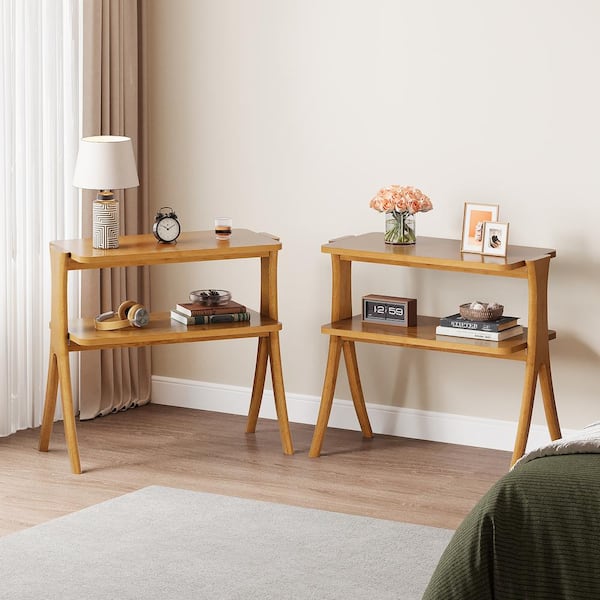 BYBLIGHT Kerlin 25.2 in. Light Brown Rectangle Engineered Wood End Table with Storage Shelf (Set of 2)