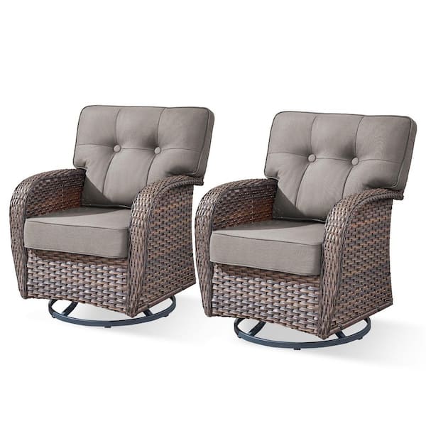 T-Frame Brown Wicker Outdoor Swivel Glider Chairs with Olefin Gray 5 in. Thick Cushions (2-Pack)