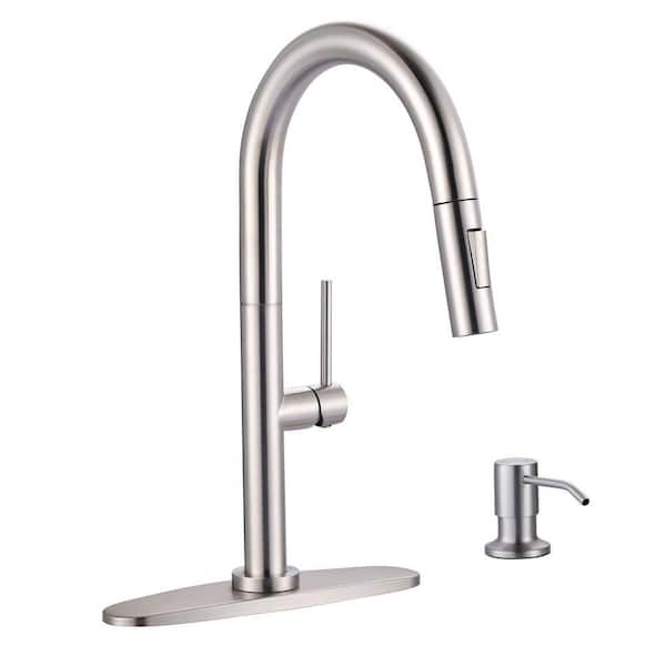 2-Functions Stainless Steel Single Handle Pull Down Sprayer Kitchen Faucet with Soap Dispenser in Brushed Nickel
