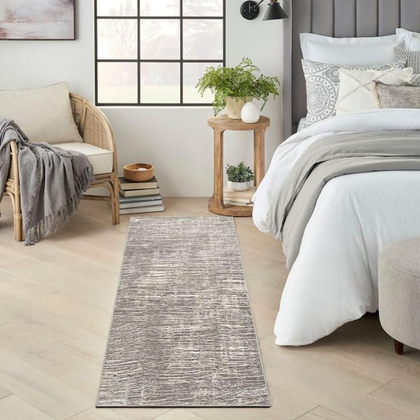 Eco-Friendly Ivory Grey 2 ft. x 8 ft. Abstract Contemporary Runner Area Rug