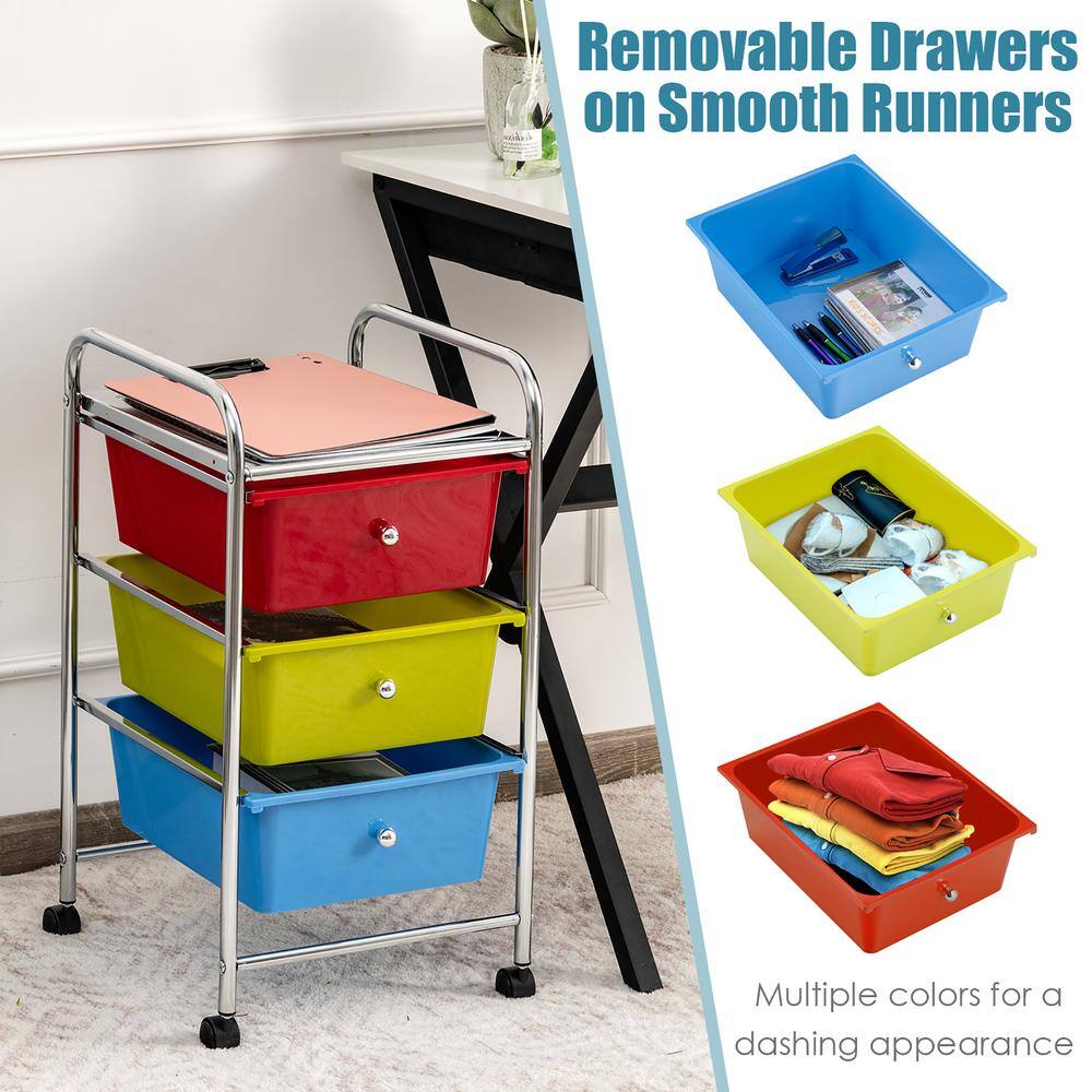 Multicolor 3-Drawer Rolling Storage Cart with Plastic Drawers