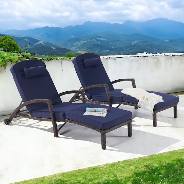 BFB Outdoor Brown Wicker Armrests Chaise Lounge Chair with Height Adjustable Backrest and Wheels (2-Pack)