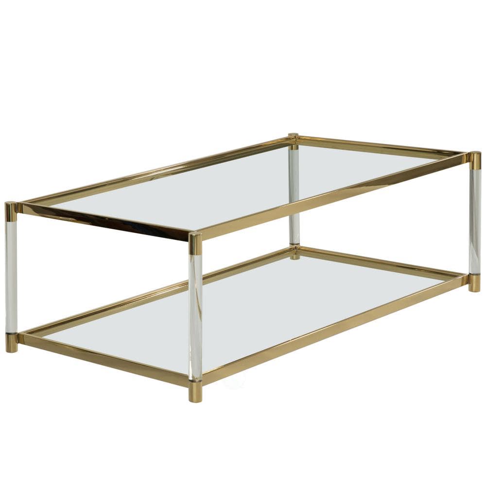 Tempered QI004409 Room, Gold with Coffee Entryway Acrylic Modern Table for Home Glass The Depot FABULAXE Shelf and - Metal Dining Office, Rectangular