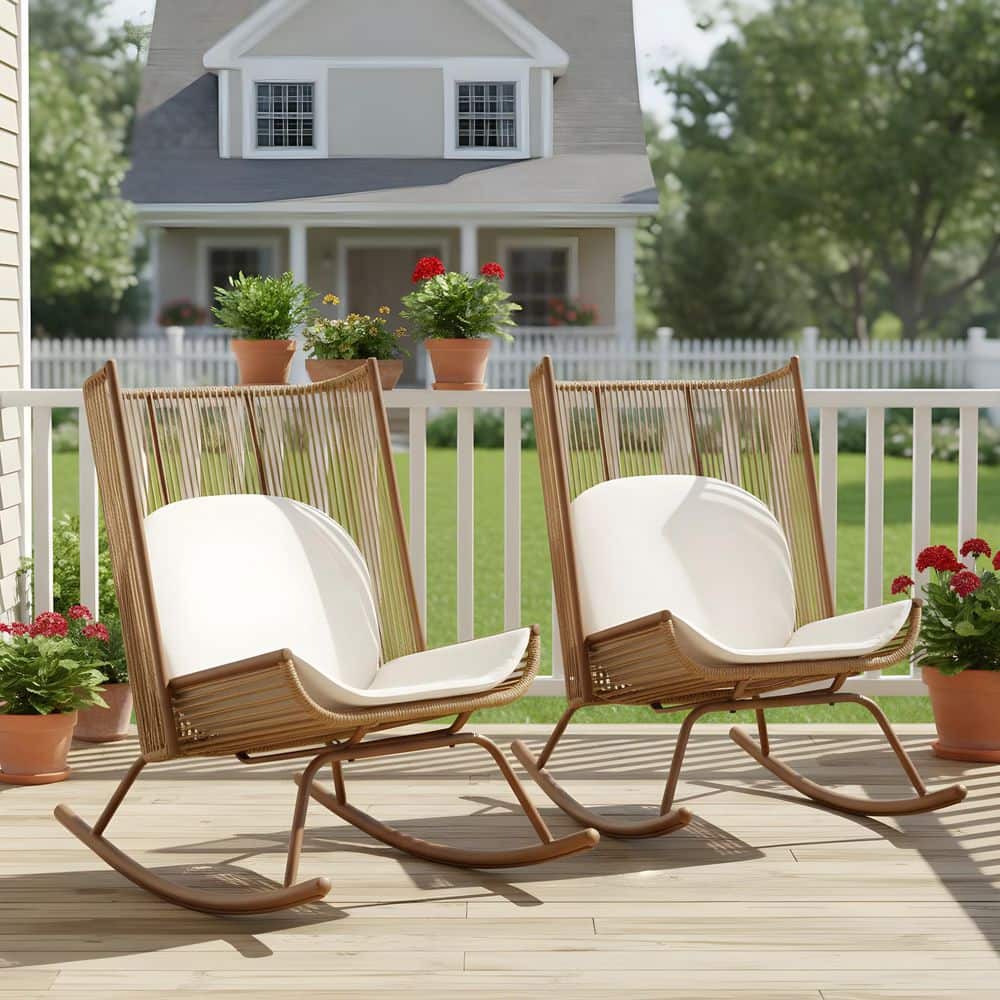Arc Rocking Chair CHRISTOPHER KNIGHT HOME Asa Brown Metal and PE Rattan Patio Outdoor ...