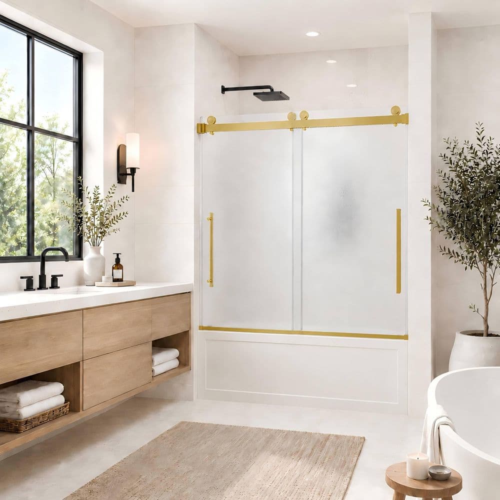 56 in. - 60 in. W x 58 in. H Double Sliding Frameless Tub Shower Door in Brushed Gold with Frosted Glass price history on PriceWatchPro