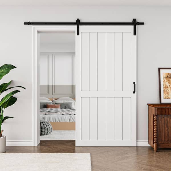 42 in. x 84 in. White Paneled H Style White Primed MDF Assembly Required Sliding Barn Door with Hardware Kit