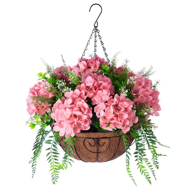 21.3 in. Pink Outdoor Artificial Silk Hanging Hydrangea Flowers in