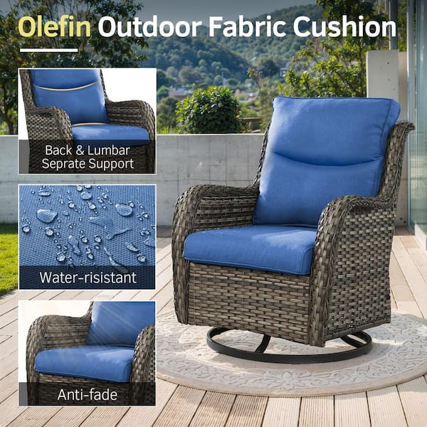 Smiley Gray 5-Piece Wicker Patio Conversation Set with 5 in. Thick Blue Cushions Outdoor Swivel Chair Set with Ottomans