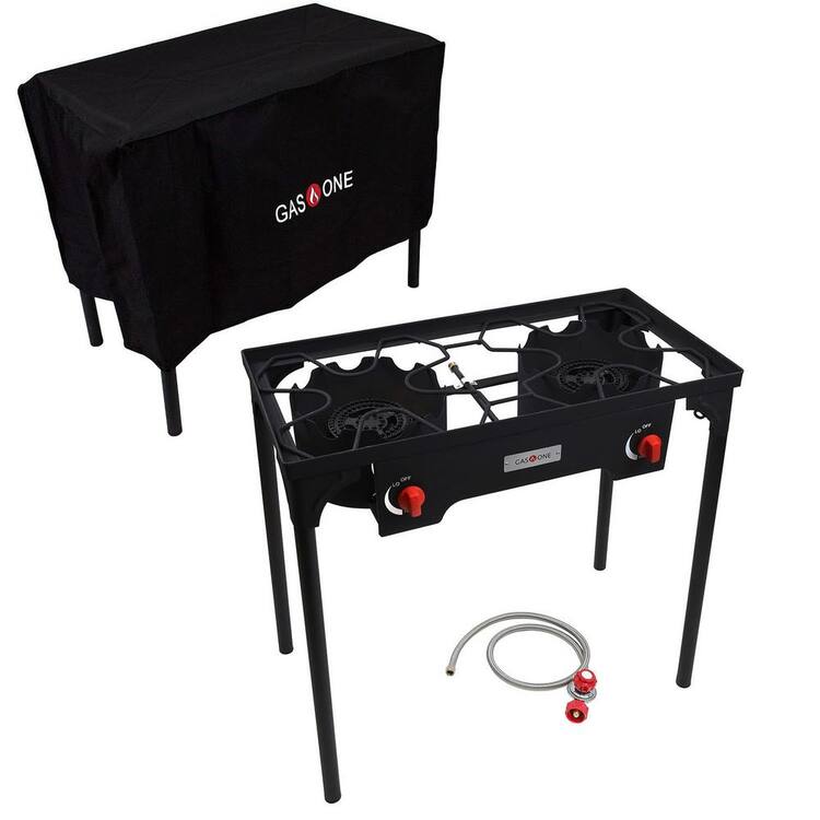 GASONE High Pressure Double Propane Burner Outdoor Cooker Fryer with Weather Proof Cover