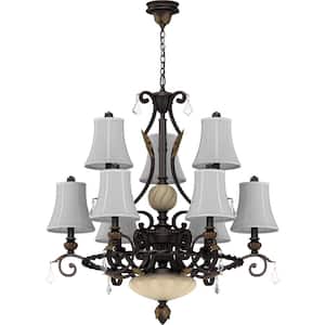 9-Lights Vintage Bronze with Gold Highlights Chandelier with Fabric Shades with Hanging Crystal Accents