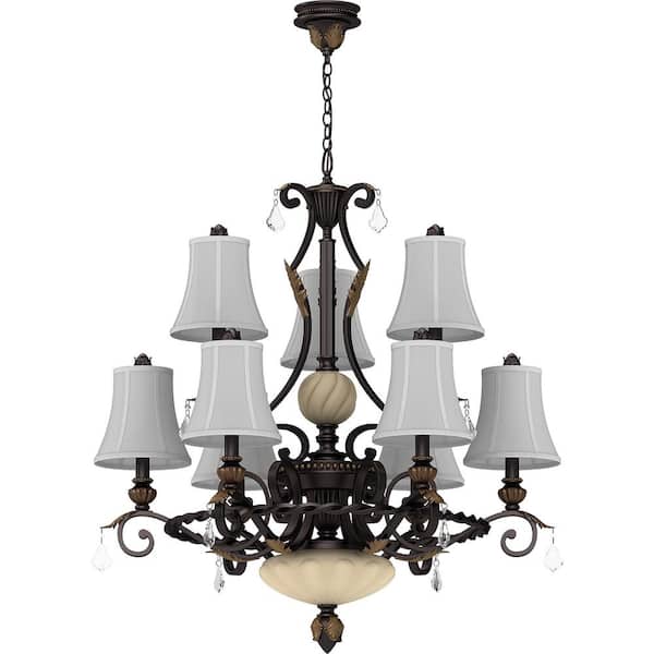 Volume Lighting 9-Lights Vintage Bronze with Gold Highlights Chandelier with Fabric Shades with Hanging Crystal Accents