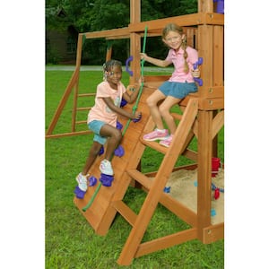 Mountain View Lodge Playset with Wooden Roof, Monkey Bars, Purple Swing Set Accessories and Green Slide