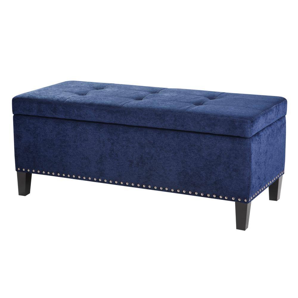 Blue Tufted Storage Bench with Espresso Wood Legs