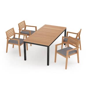 Rhodes 5 Piece Teak Outdoor Patio Dining Set in Cast Slate Cushions with 72 in. Table