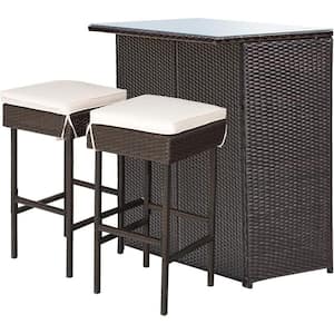Wicker Outdoor Bar Patio Table with White Cushioned Stools (3-Pieces)