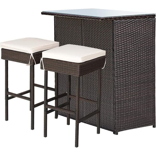 Alpulon Wicker Outdoor Bar Patio Table with White Cushioned Stools (3-Pieces)