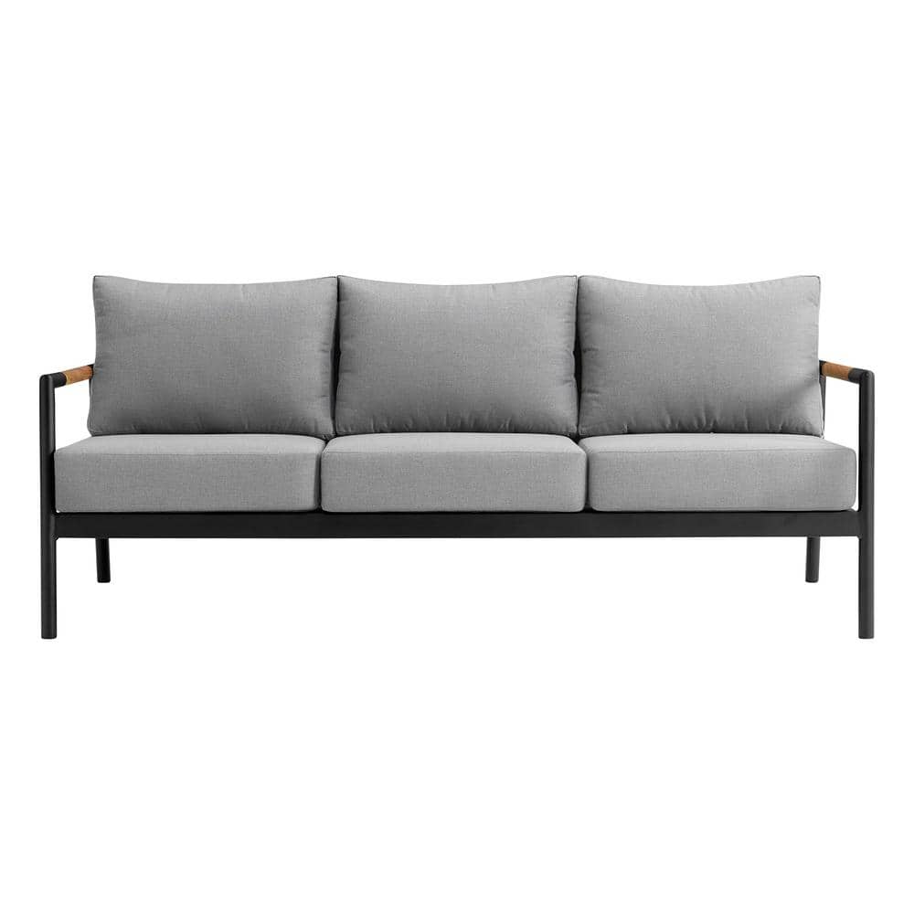 Crown Black Aluminum and Teak Wood Outdoor Sofa with Dark Gray Cushions
