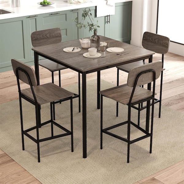 5-Piece Square Grey Wood Industrial Dining Table Set with Counter Height Table and 4 Bar Stools Black