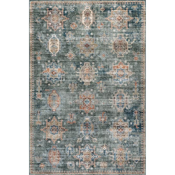Philomena Medallion Spill Proof Machine Washable Area Rug Green 4' ft. x 6' ft. Area Rug