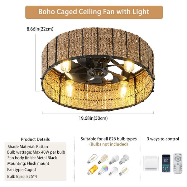 20 in. Indoor Black Handwoven Boho Rattan Caged Reversible Standard Ceiling Fan with Remote Included for Bedroom Kithcen