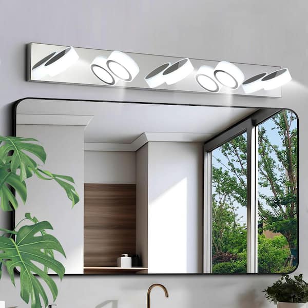 37 in. 5-Light White Vanity Light with White Round Acrylic Shades for Bathroom Mirror Wall