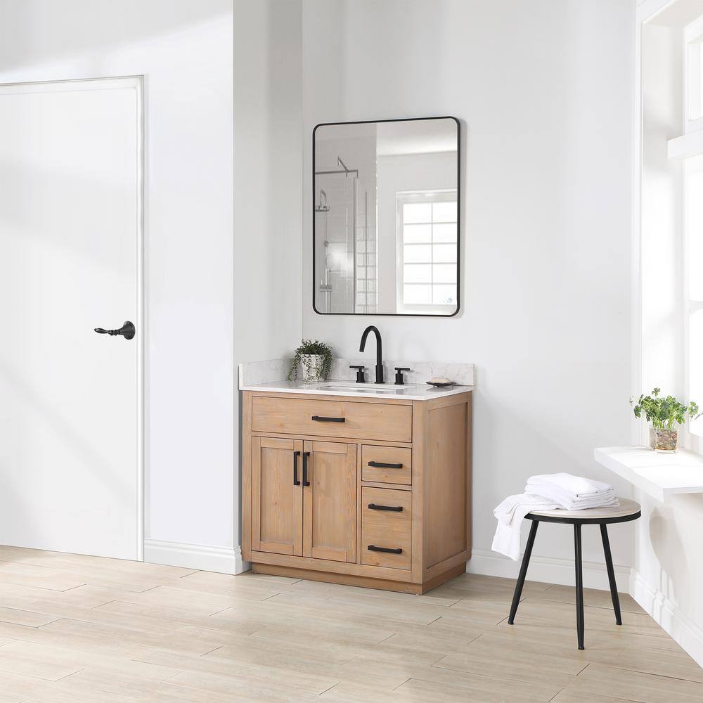 Gavino 36" Light Brown Wood Vanity with Composite Stone Top and Mirror