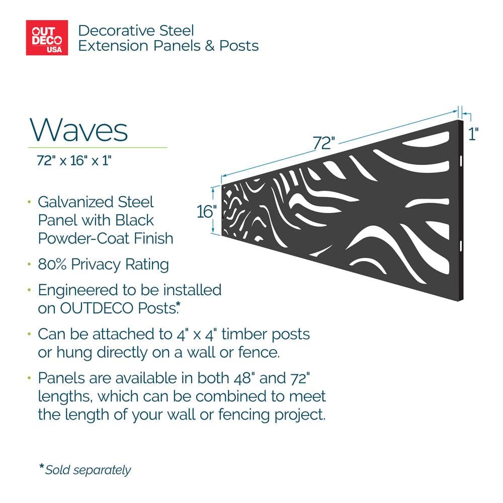 Black Galvanized Steel Decorative Privacy Panel, 16" x 72"