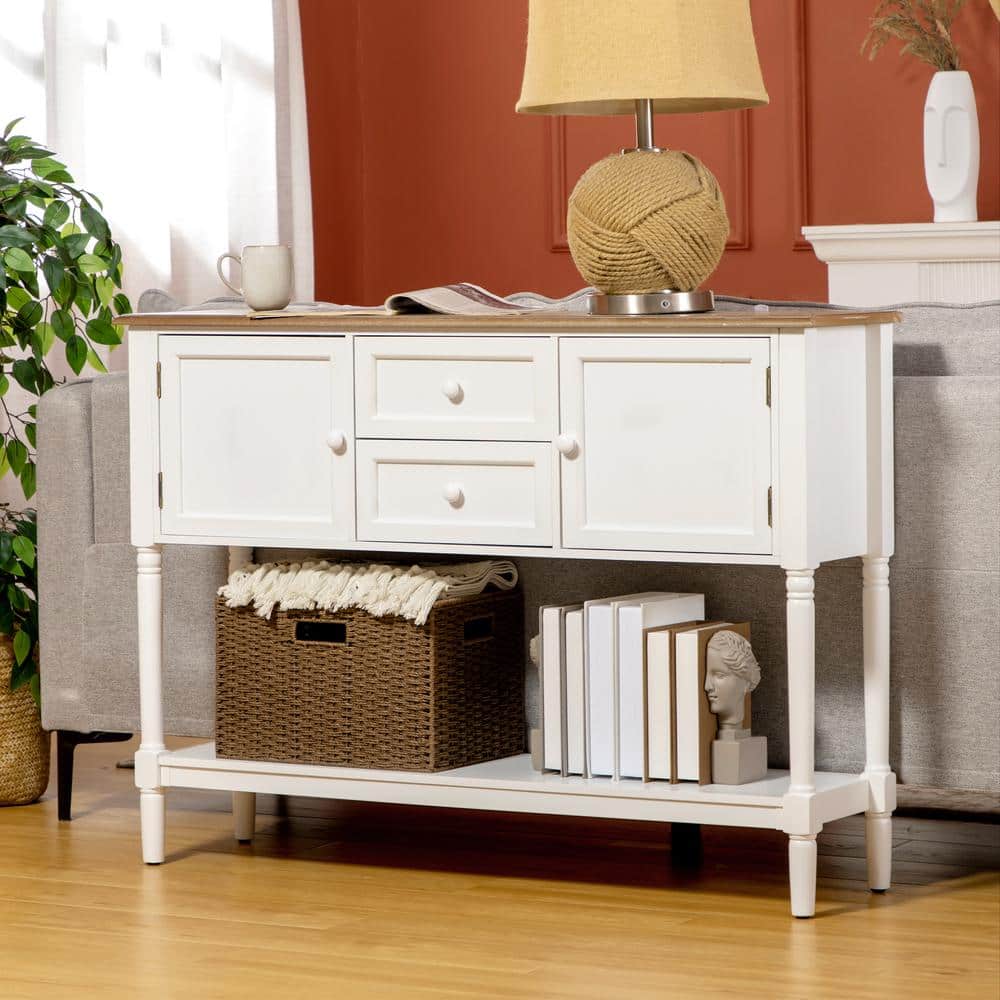 White Wood Console Table with Drawers and Storage Shelf