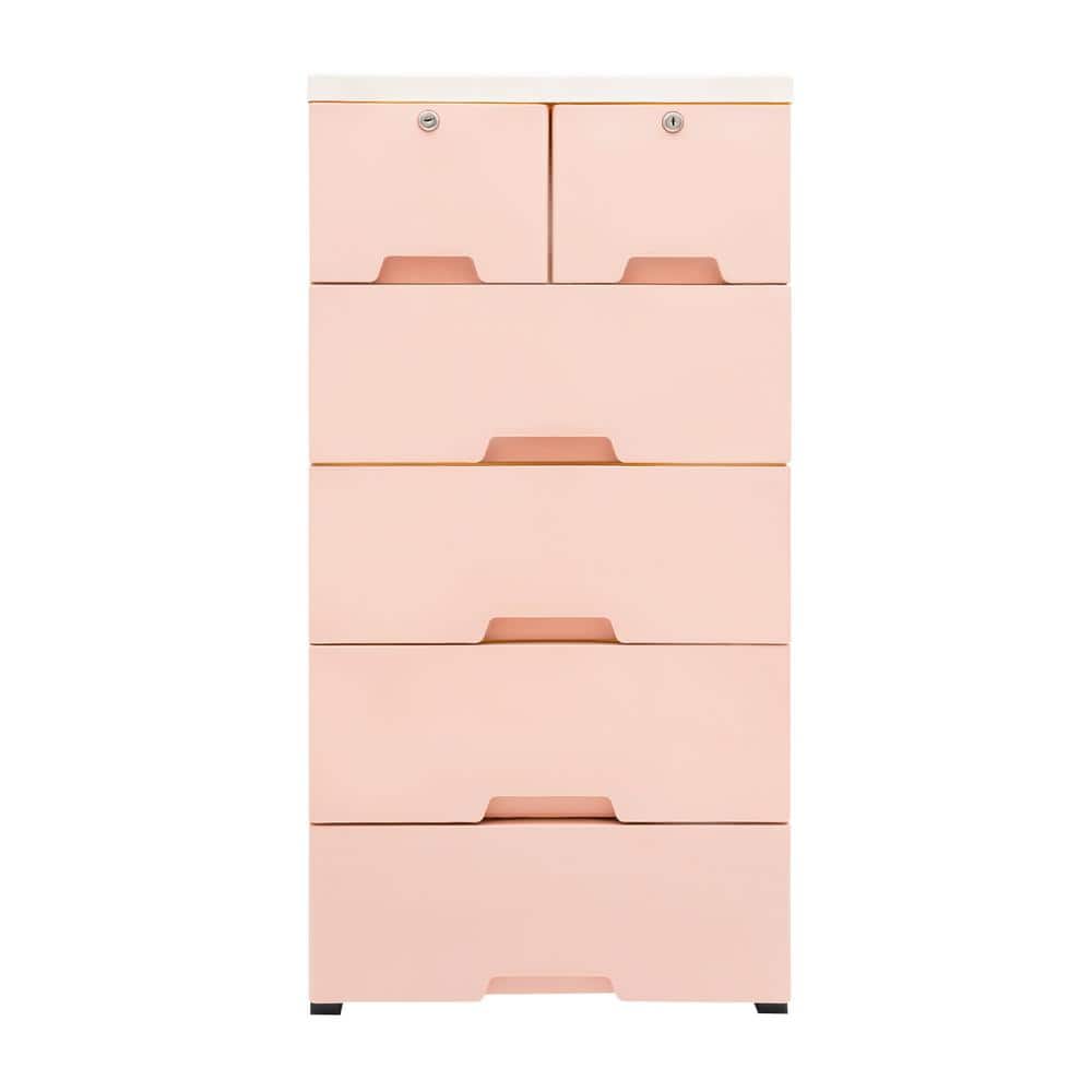 pink storage dresser YIYIBYUS Pink 5-Tire Modern Free-Standing Plastic Cabinet with 6-Drawers and 4-Wheels