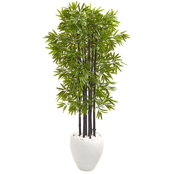 Nearly Natural Indoor/Outdoor 5 ft. Bamboo Artificial Tree with Black Trunks in White Planter UV Resistant