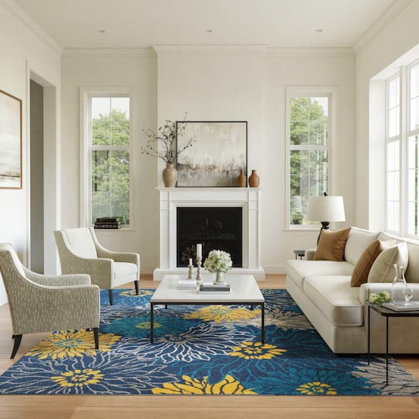 Passion Blue 8 ft. x 10 ft. Floral Contemporary Area Rug