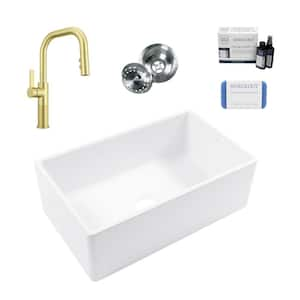 Bradstreet II 30 in. Farmhouse Apron Front Undermount Single Bowl White Fireclay Kitchen Sink with Gold Faucet Kit