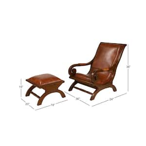 Brown Upholstered Leather Teak Wood Accent Chair with Ottoman with Scrollwork and High Back