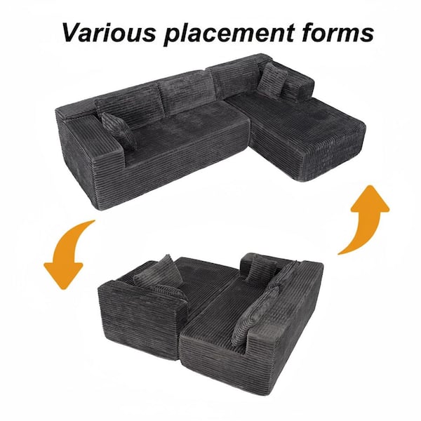 106 in. Track Arm 2-Piece Corduroy Upholstery L-Shaped Sectional Sofa with Compression Foam Construction in. Gray