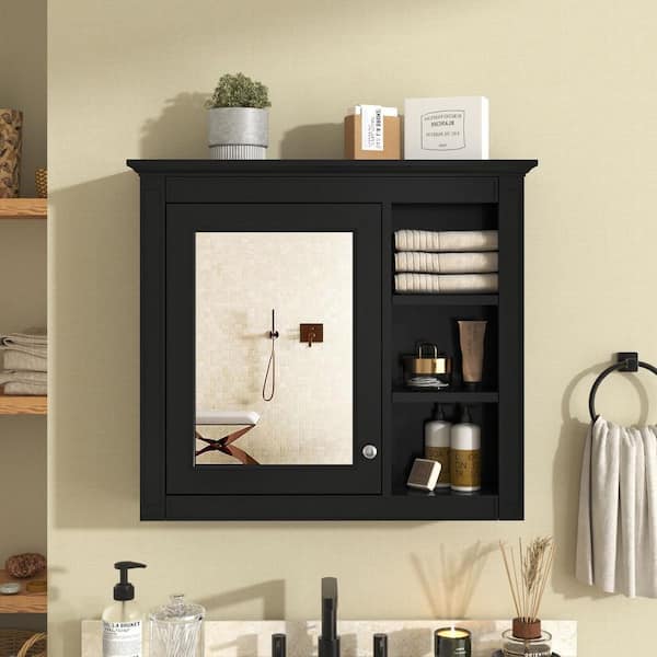 Staykiwi 30 in. W x 28 in. H Black Rectangular MDF Medicine Cabinet with Mirror