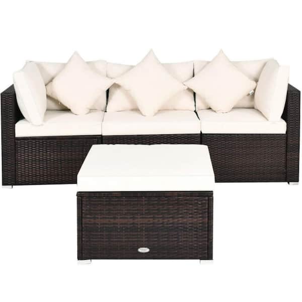 4-Piece Rattan Wicker Outdoor Sectional Set with Removable Pillows and White Cushions