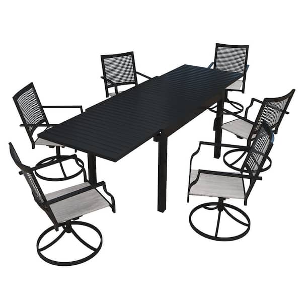 7-Piece Black Metal Patio Outdoor Dining Set with Extendable Table and Swivel Dining Chairs with Cushions
