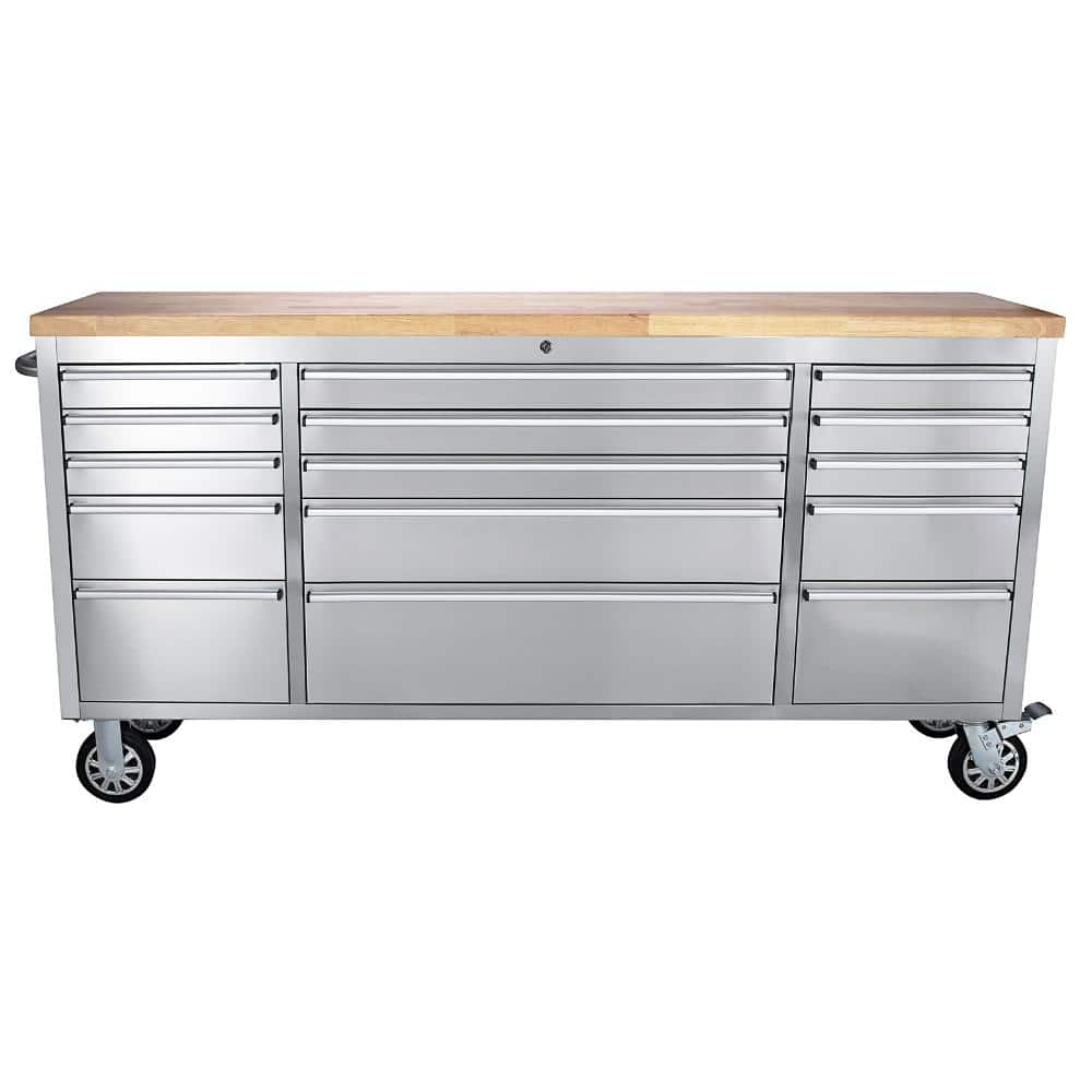 Heavy Duty Stainless Steel Mobile Workbench Cabinet with Lockable Wheels,15-Drawer,Rubber Wood Top,Lock Key for Workshop price history on PriceWatchPro