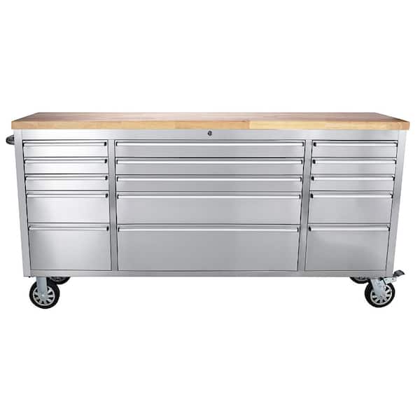 72 in. Stainless Steel Mobile Workbench Cabinet with Lockable Wheels, 15-Drawer, Rubber Wood Top, Lock Key for Workshop