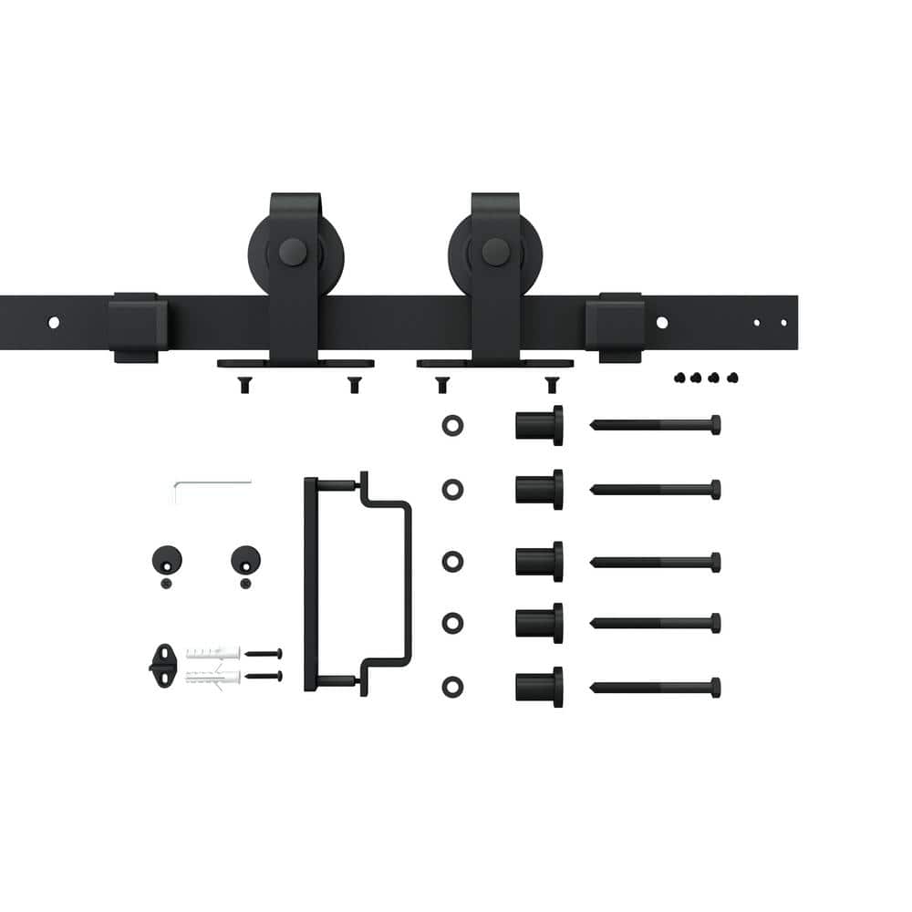 30 in. x 84 in. Frosted Glass Black Steel Frame Barn Door with Sliding Hardware