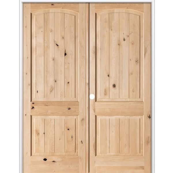 Krosswood Doors 48 in. x 96 in. Rustic Knotty Alder 2-Panel Arch Top VG Right Active Unfinished Wood Double Prehung Interior Door