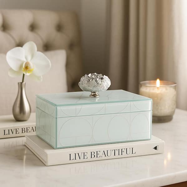 Silver/Metallic 8 in. x 5 in. Glass Sparkly Geometric Decorative Box with Stone Top