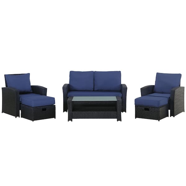 Zeus & Ruta Gray 5-Piece Wicker Outdoor Patio Conversation Sectional Sofa Seating Set with Blue Cushions