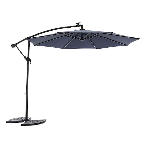 Sudzendf 10 ft. Umbrella Solar Powered LED Lighted Sun Shade Market Waterproof 8-Ribs Umbrella with Crank and Cross Base Blue