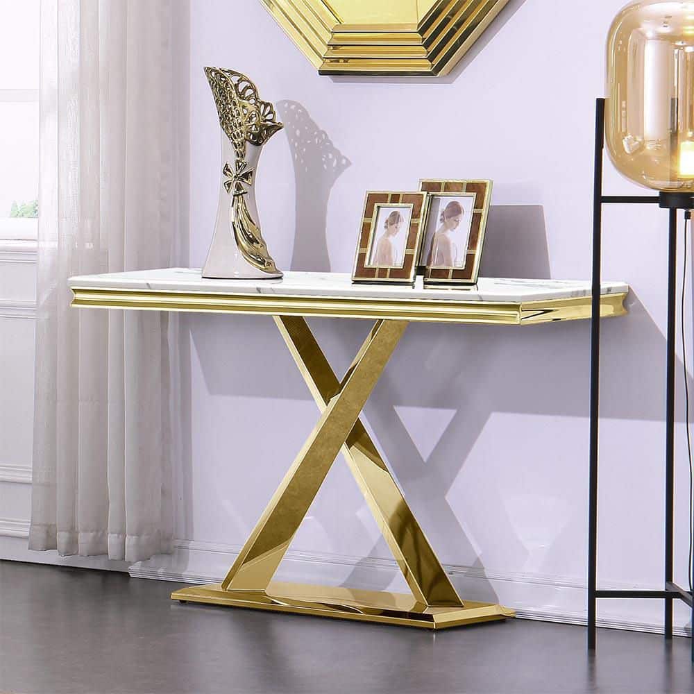 50in. White Gold Rectangle Console Table, Wood Console Table with X-Shaped Base Console Table Wood price history on PriceWatchPro