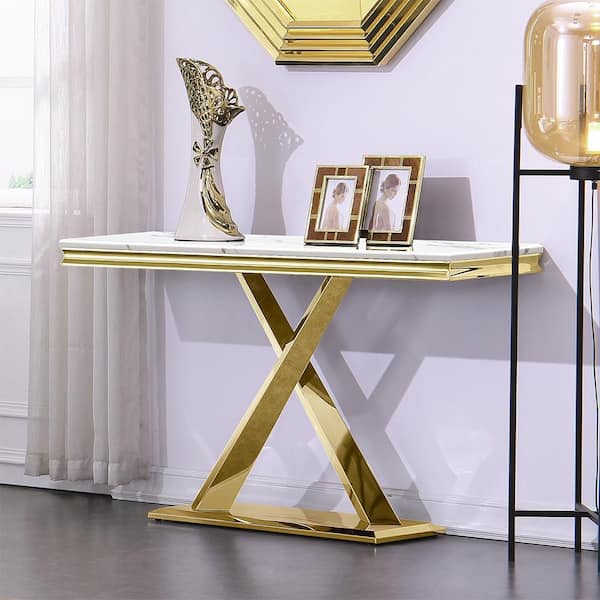 AUZ 50in. White Gold Rectangle Console Table, Wood Console Table