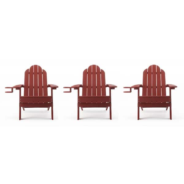 LUE BONA Wine Red Foldable Plastic Outdoor Patio Adirondack Chair with Cup Holder for Garden/Backyard/Pool/Beach (Set of 3)