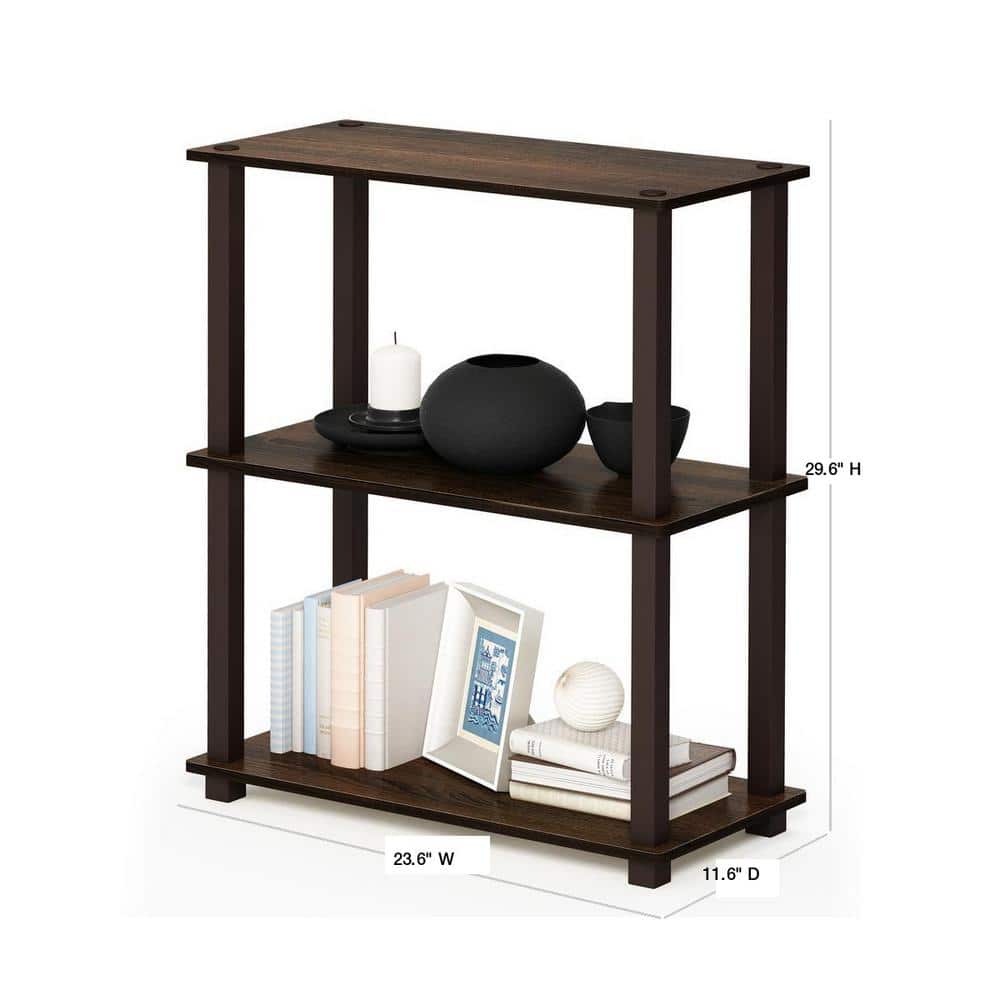 Walnut Brown 3-Tier Rubberwood Bookshelf with Open Back